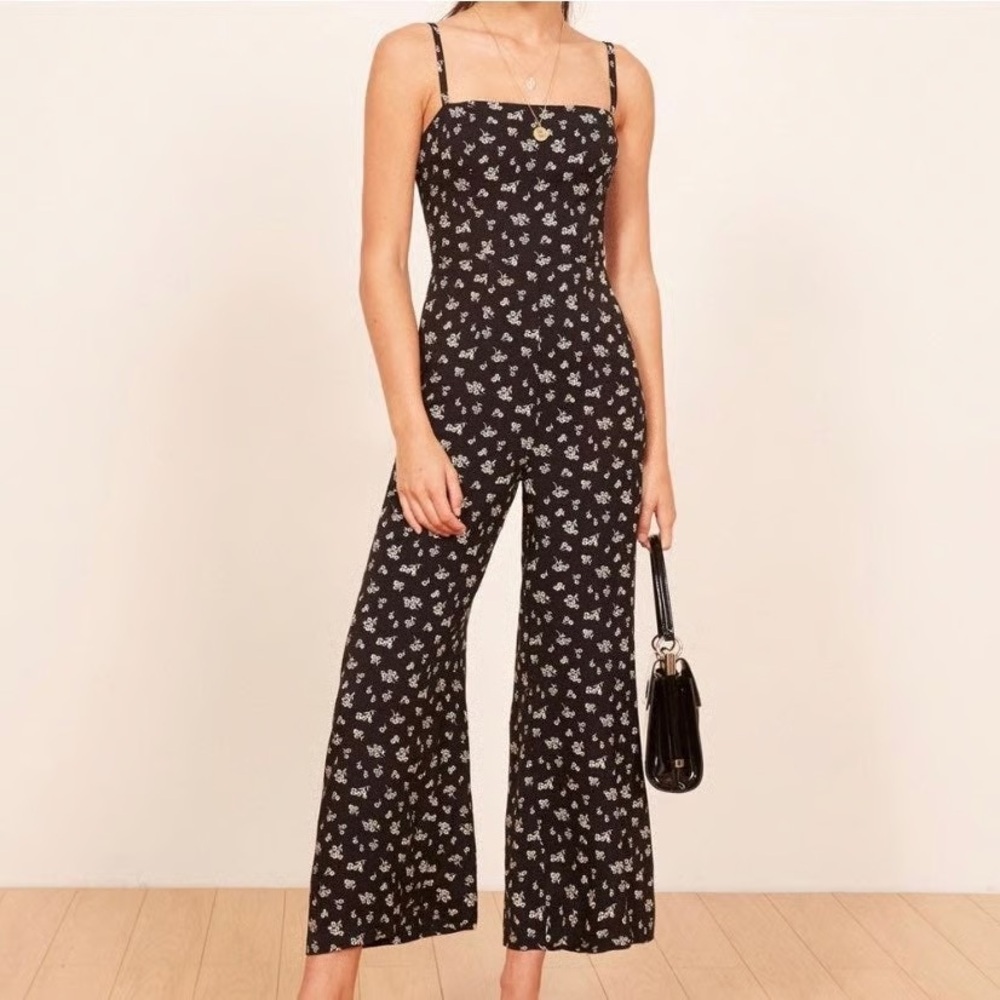 Reformation Guatemala Black Floral Sleeveless Wide Leg Cropped Jumpsuit EUC Sz 0